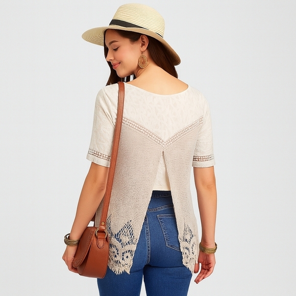 Buckle Red by BKE Boho Lace High Low Top Beige Nude Crochet Festival Large - Picture 1 of 16